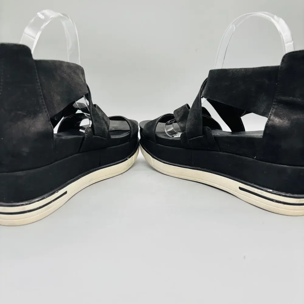 Eileen Fisher Sandals Womens 10 Black Leather Strappy Platform Wedge Zip Shoes